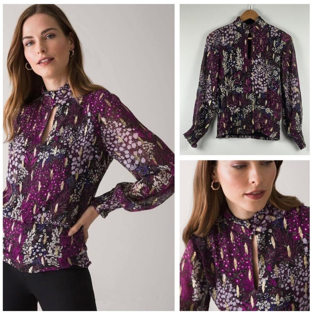 White House Black Market Floral & Metallic Balloon Sleeve Blouse Size 00